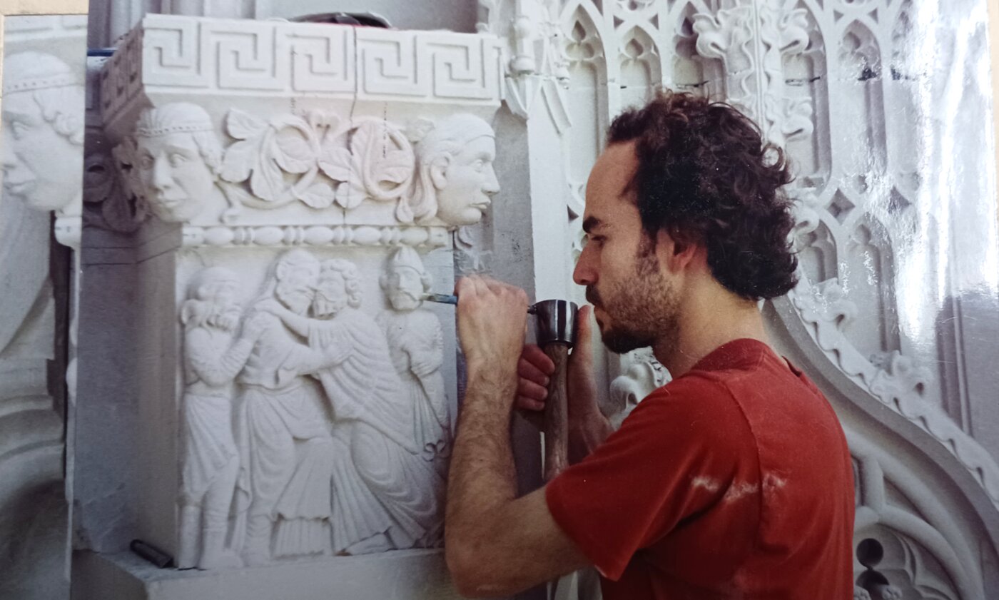 Ruben carving stone at the Cathedral of St. John the Divine in New York City